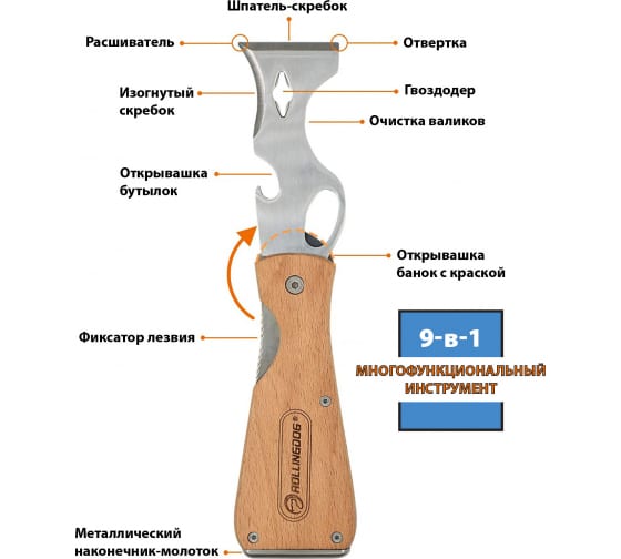 Складной шпатель-скребок Rollingdog многофункциональный, 9 в 1